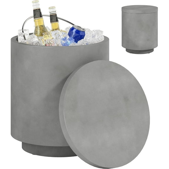 YEXJ 2.6 Gal Outdoor Cooler Side Table, 3-in-1 Cool Coffee Table with Storage, Removable Ice Bucket and Lid, Concrete Small Patio Table for Party, Poolside, Deck, Gray