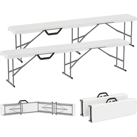 YEXJ 2-Pack 6 Ft. Plastic Folding Benches, Portable Foldable Bench Seats with Carrying Handle, Non-Slip Mat, HDPE Tabletop, Picnic Benches for Camping Dining Picnic BBQ Sports-White
