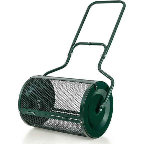 YEXJ 24-Inch Compost Spreader, Peat Moss Spreader with Upgrade Side Latches & U-Shape Handle, Metal Mesh Topdressing Roller for Topsoil, Fertilizer, Garden & Lawn Care Manure Spreader (Green)
