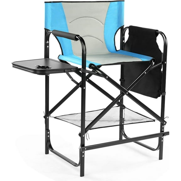 YEXJ 26" Tall Directors Chair Height Seat Folding with Side Table Storage Bag, Support for 300Lbs Portable Makeup Artist Chair with Bar Height(Blue/Black)