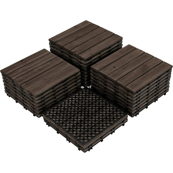 YEXJ 27PCS Wood Flooring Tiles Interlocking Patio Deck Tiles Blocks Indoor Outdoor Solid Wood 12 x 12in Dark Brown