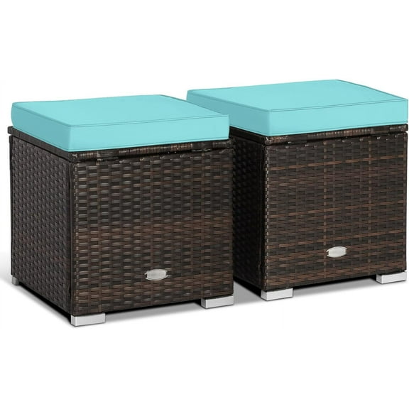 YEXJ 2PCS Patio Ottoman Set Outdoor Wicker Stool with Storage, Rattan Footrest Ottoman with Solid Metal Frame and Cushion for Backyard Poolside Garden Balcony