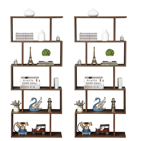 YEXJ 2X S-shaped Style 5-tier Freestanding Shelf Bookcase Rustic Room Divider Storage