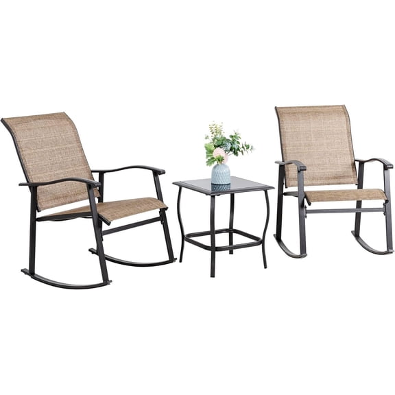 YEXJ 3 Piece Outdoor Rocking Bistro Set, Textilene Fabric Small Patio Furniture Set, Front Porch Rocker Chairs Conversation Set with Glass Table for Lawn, Garden, Balcony, Poolside-Brown