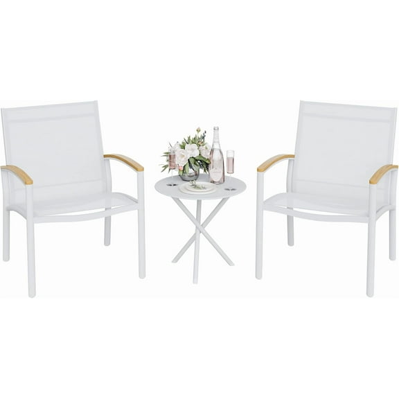 YEXJ 3 Pieces Patio Bistro Set, Outdoor Small Furniture Set Wicker Conversation Sets Porch Chairs with Coffee Table for Patio, Balcony, Porch,Yard-White