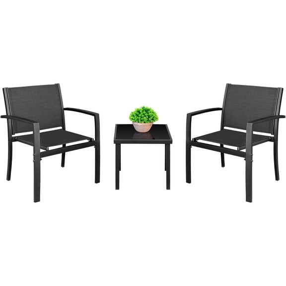 YEXJ 3 Pieces Patio Furniture Set Outdoor Patio Conversation Textilene Bistro Set Modern Porch Lawn Chairs with Coffee Table for Home and Balcony (Black)