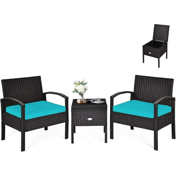 YEXJ 3 Pieces Patio Furniture Set Rattan Wicker Sofa Set with Removable Cushions and Coffee Table, Outdoor Conversation Bistro Chairs Set with Storage Table for Garden Poolside Balcony-Turquoise