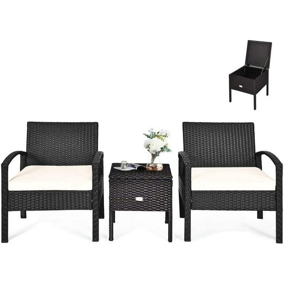 YEXJ 3 Pieces Patio Furniture Set Rattan Wicker Sofa Set with Removable Cushions and Coffee Table, Outdoor Conversation Bistro Chairs Set with Storage Table for Garden Poolside Balcony-Beige