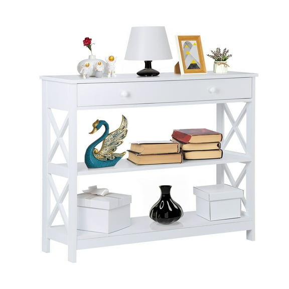 YEXJ 3 Tier X-Design Console Table w/1 Drawer Wooden Sofa Side Table for Living Room, White