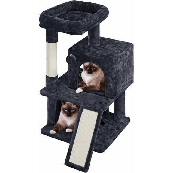 YEXJ 36in Cat Tree Cat Tower Play House Climber Stand Furniture with Scratching Post, Plush Perch, Dangling Ball, Two Condo and Ramp, for Kittens, Cats and Pet-Black