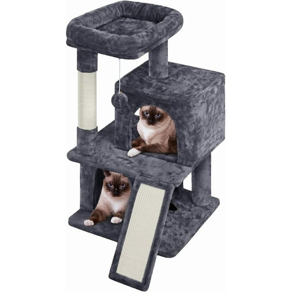 YEXJ 36in Cat Tree Cat Tower Play House Climber Stand Furniture with Scratching Post, Plush Perch, Dangling Ball, Two Condo and Ramp, for Kittens, Cats and Pet-Dark Gray