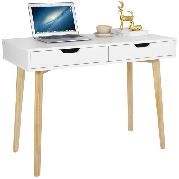 YEXJ 39.4In White Rectangle Office Table Computer Writing Vanity Desk with 2 Drawers