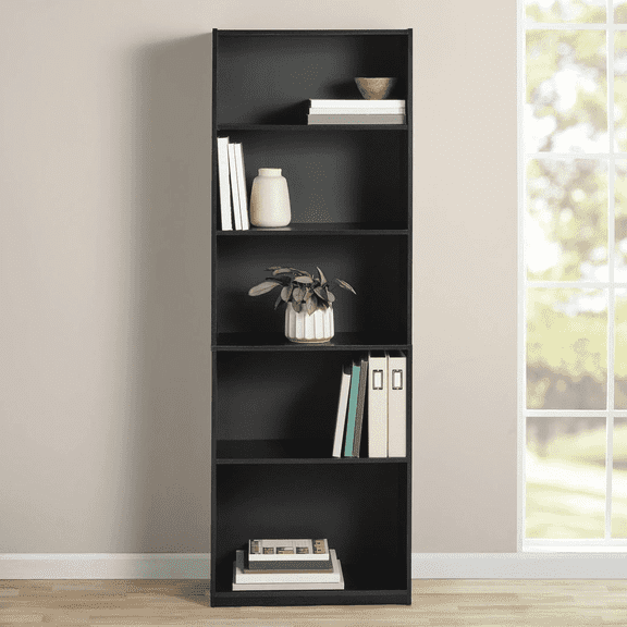 YEXJ 5-Shelf Bookcase with Adjustable Shelves, True Black Oak, Materials- Particleboard, MDF