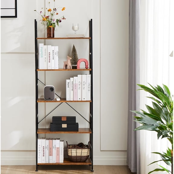 YEXJ 5 Tier Bookshelf, Tall Bookcase Modern Book Rack Storage Rack Shelves with Open Shelves Storage Organizer for Living Room, Bedroom, Kitchen, and Home Office, Rust