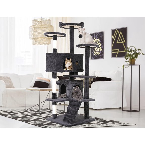 YEXJ 54'' Tall Cat Tree for Cats, Multi-Level Cat Furniture with 3 Cat Scratching Post, 3 Stand Platform and 2 Cat Condo,Cat Tower with Funny Toys,Corner Cat Tree and Towers for Large Cats,Dark Grey