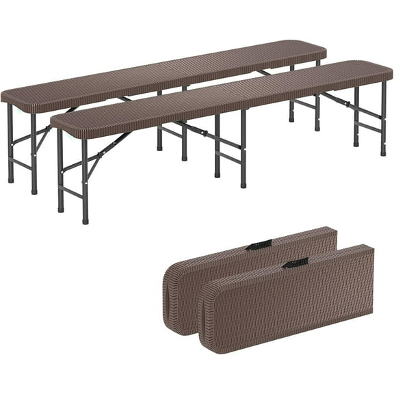 YEXJ 6 Feet Plastic Folding Bench, 2 Pack Portable Foldable Bench Seat with 1320 LBS Capacity, Rattan-Like HDPE Thickened Long Seat with Handle & Lock, for Outside Picnic Camping Soccer Events