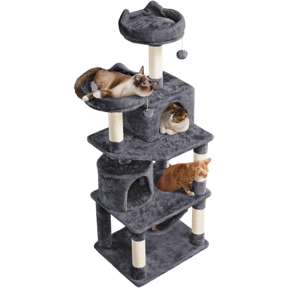 YEXJ 62.2 inches Cat Tree with Double Condos, Scratching Posts & Hammock, Kitty Activity Tree Center Kitten Play House, Dark Gray