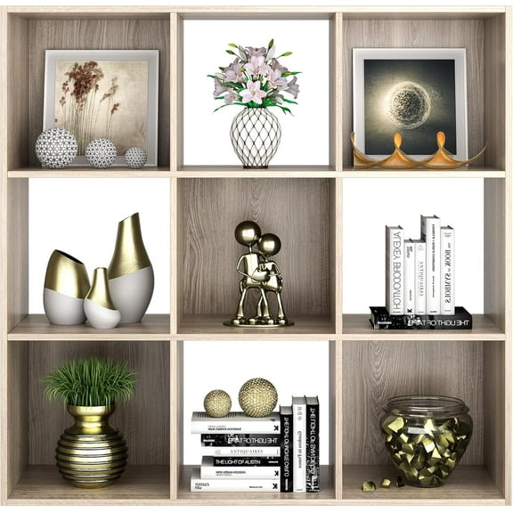 YEXJ 9 Cube Open Shelf Bookcase, 3 x 3 Storage Organizer Shelf with 5 Removable Back Panels Wood Bookshelf System Display Rack for Home, Office, Bedroom, Living Room, Oak