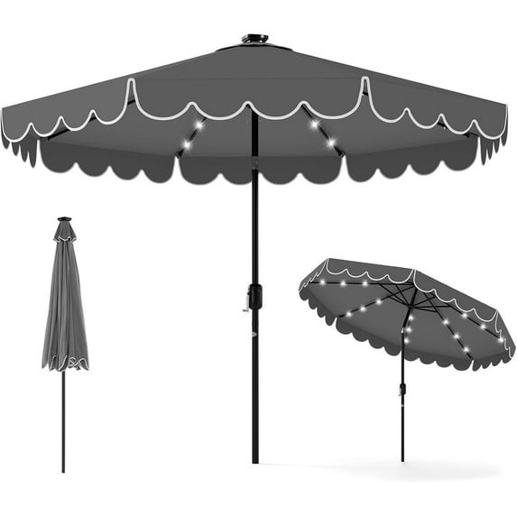 YEXJ 9 FT Solar Patio Umbrella, 2-Tiers Scalloped Outdoor Table Market Umbrella with 32 LED Lights, Vented Top, Tilt Adjustment, Crank, 8 Ribs for Backyard Poolside Deck Beach Lawn (Gray)