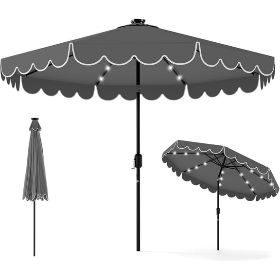 YEXJ 9 FT Solar Patio Umbrella, 2-Tiers Scalloped Outdoor Table Market Umbrella with 32 LED Lights, Vented Top, Tilt Adjustment, Crank, 8 Ribs for Backyard Poolside Deck Beach Lawn-9Ft-Gray