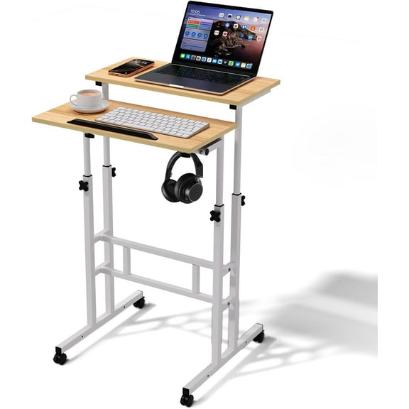 YEXJ Adjustable Rolling Standing Desk with Wheels, Mobile Laptop Table with Tilt Desktop, Sit or Stand Workstation for Home Office & Walking Pad, Natural