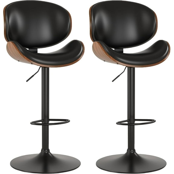YEXJ Bar Stools Set of 2, Swivel Adjustable Height Barstools, PU Leather Upholstered Bar Chairs with Footrest, Bentwood Bar Stool for Kitchen, Bar, Dining Room-2-Black