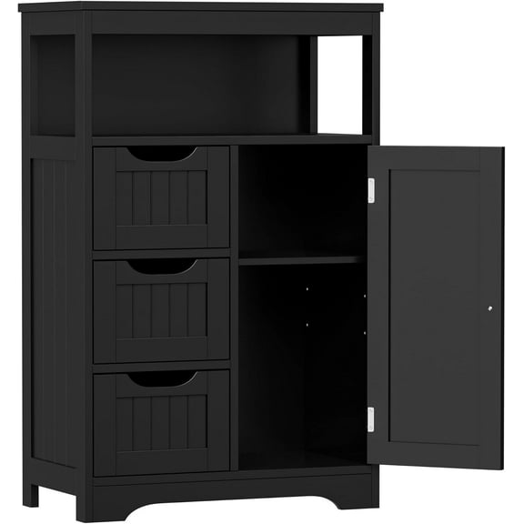 YEXJ Bathroom Floor Cabinet Wooden Storage Organizer with Adjustable Shelf and 3 Drawers, Modern Free-Standing Cupboard for Living Room, Bathroom, Bedroom (Black)
