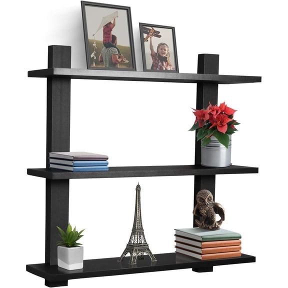 YEXJ Bathroom Shelves - 3-Tier Wall Mounted Floating Shelves for Books, Trophies, Wall Decor, Kitchen, Living Room & Bathroom Decor - Decorative Hanging Display Over the Toilet Storage Shelf - Black