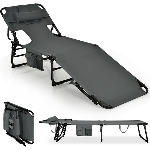 YEXJ Beach Chair Chaise Lounge with Face Arm Hole, Detachable Pillow, Adjustable Backrest, Side Pocket, Carry Handle, Outdoor Folding Tanning Chair for Sunbathing-1-Grey