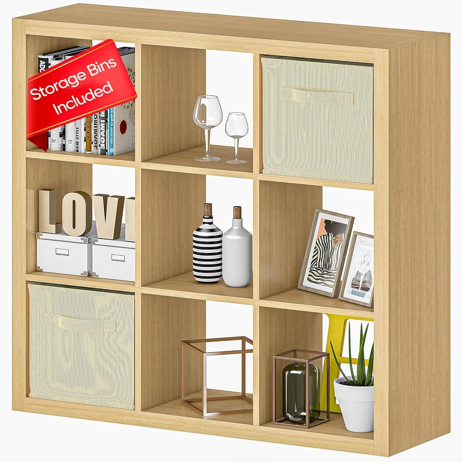 YEXJ Bookshelf 9-Cube Storage Organizer Sturdy Wooden Bookcase Open ...