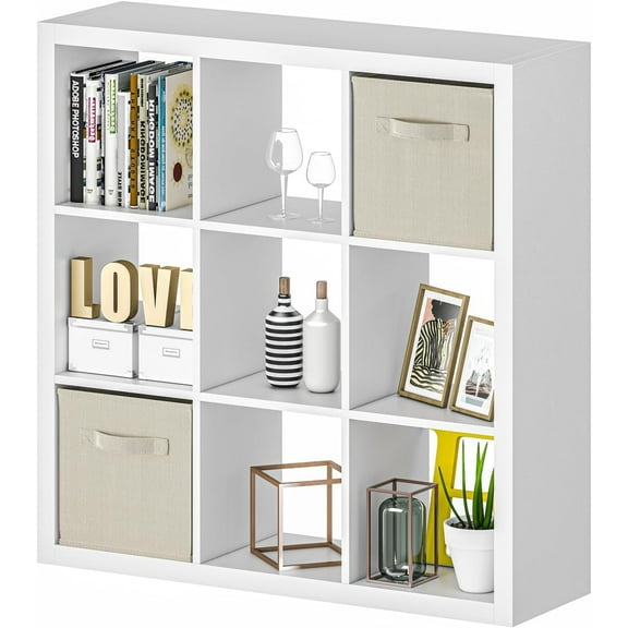 YEXJ Bookshelf 9-Cube Storage Organizer Sturdy Wooden Bookcase Open Book Shelf, Multifunctional Cubicle Rack for Storages & Display, Furniture for Living Room Bedroom Office,White