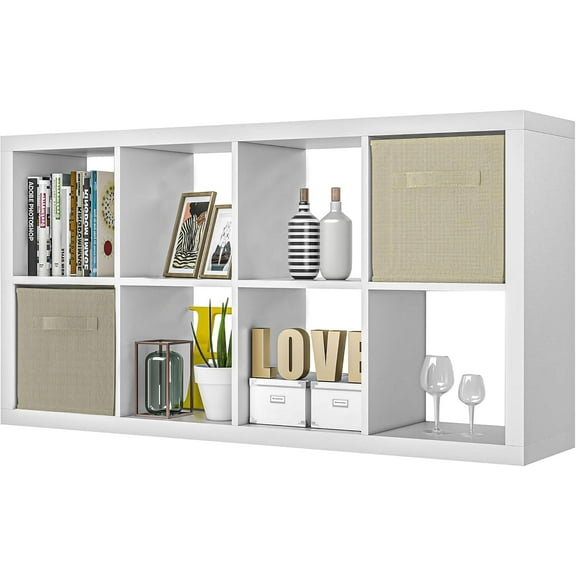 YEXJ Bookshelf with Storage Bins, 8-Cube Storage Organizer with Back Panels, Modern Wood Open Bookcase, Multifunctional Display Shelf for Living Room, Bedroom, Home Office, White