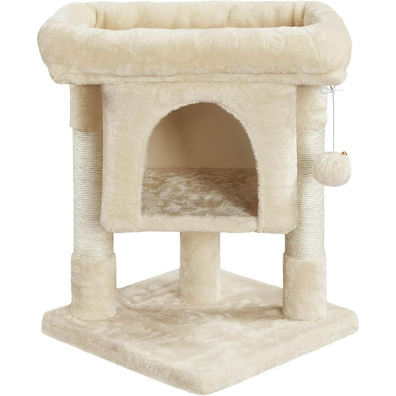 YEXJ Cat Scratching Posts with Bed, 23.5 Inches Cat Kitten Scratcher Featuring with Sisal Scratch Posts, Interactive Dangling Ball for Indoor Large Cats-Beige