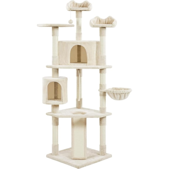 YEXJ Cat Tree Cat Tower 79inch for Indoor Cats Multi-Level Cat Tree with Scratching Posts & Basket & Condo as Activity Center, Play House, Beige