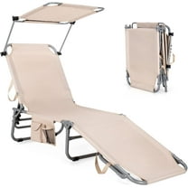 YEXJ Chaise Lounge Beach Chair with Canopy Shade, Adjustable 5 Positions, Foldable Recliner Tanning Chair with Side Storage Pocket for Garden Patio Poolside-1-Beige