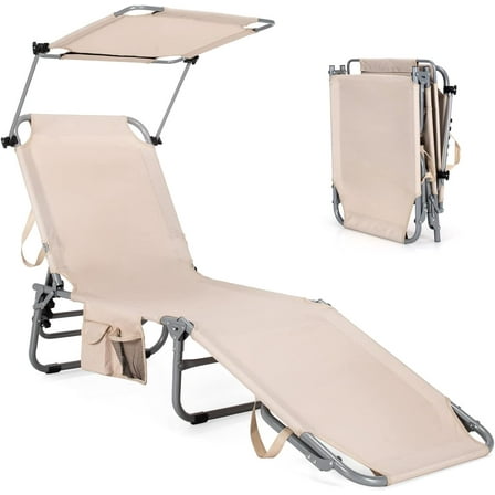 YEXJ Chaise Lounge Beach Chair with Canopy Shade, Adjustable 5 Positions, Foldable Recliner Tanning Chair with Side Storage Pocket for Garden Patio Poolside-1-Beige