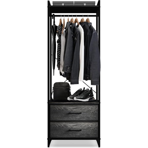 YEXJ Clothing Rack with Drawers - Clothes Stand Dresser - Wood Top, Steel Frame, & Fabric Drawers - Tall Closet Storage Organizer - Garment Rack for Hanging Shirts, Dresses, & Jackets,Gray Wood