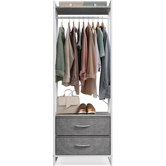 YEXJ Clothing Rack with Drawers - Clothes Stand Dresser - Wood Top, Steel Frame, & Fabric Drawers - Tall Closet Storage Organizer - Garment Rack for Hanging Shirts, Dresses, & Jackets,Grey