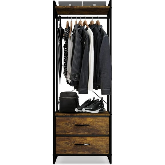 YEXJ Clothing Rack with Drawers - Clothes Stand Dresser - Wood Top, Steel Frame, & Fabric Drawers - Tall Closet Storage Organizer - Garment Rack for Hanging Shirts, Dresses, & Jackets,Rustic