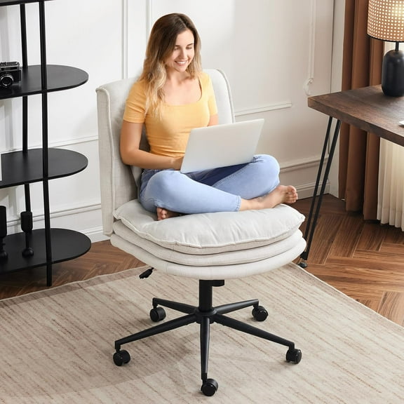 YEXJ Cloud Criss Cross Legged Chair,18" High Back Armless Home Office Desk Chair with Wheels,Wide Adjustable Comfy Padded Seat Task Computer Chair,Modern Swivel Makeup Vanity Chair,Fabric,Beige