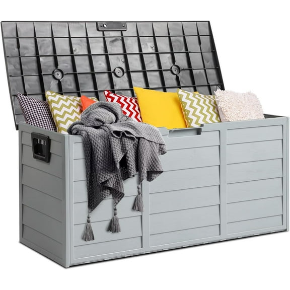 YEXJ Deck Storage Box, 75 Gallon Plastic Durable Storage Container Bin with Lid Store Patio Cushions and Yard Stools Outdoor Patio Garden Pool(Gray Body-Black Lid)