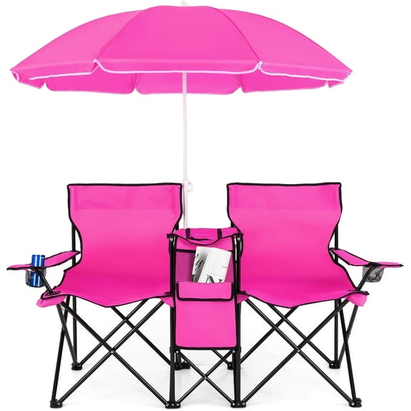 YEXJ Double Camping Chair with Umbrella, Folding Loveseat Chairs w/Canopy Shade, Carrying Bag, Table, Cup Holder, Portable Beach Chairs Outdoor Picnic Patio,Pink