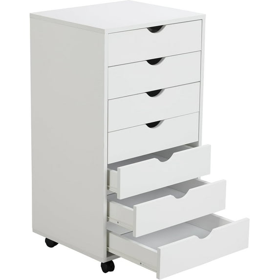 YEXJ Drawer Chest File Cabinet, Wood Dresser Under Desk Storage, Mobile Printer Stand with Lockable Wheels For Home Office Study, White, 7-Drawers