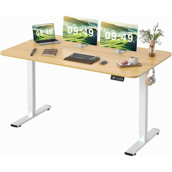YEXJ Electric Height Adjustable Standing Desk Large 55 x 24 Inches Sit Stand up Desk Home Office Computer Desk Memory Preset with T-Shaped Metal Bracket-55 Inch-Light Wood