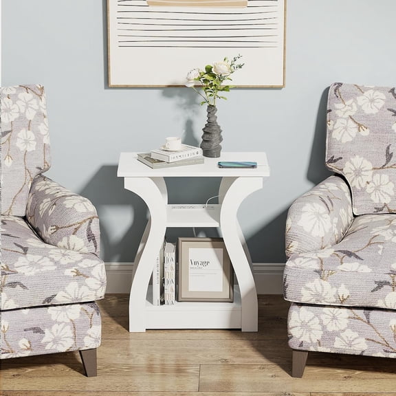 YEXJ End Table with Charging Station, Side Table with USB Ports and Outlets, 3 Tier Nightstand Sofa Table for Small Spaces, Beside Table with Storage Shelf for Living Room, Bedroom-1-White