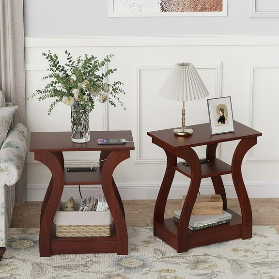 YEXJ End Table Set of 2, Side Table with Charging Station, USB Ports and Outlets, 3 Tier Nightstand, Sofa Table for Small Spaces, Beside Table with Storage Shelf for Living Room, Bedroom,Cherry
