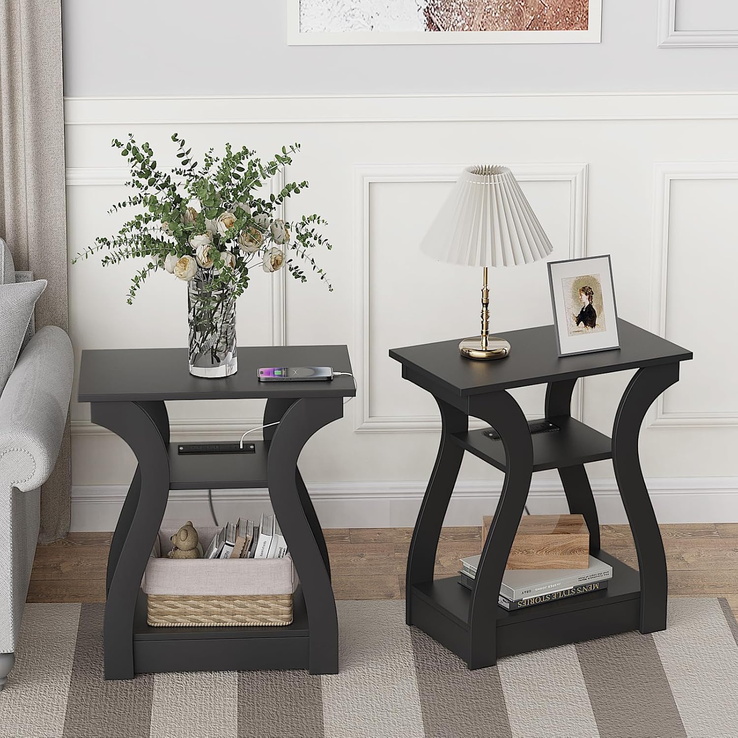 YEXJ End Table Set of 2, Side Table with Charging Station, USB Ports ...