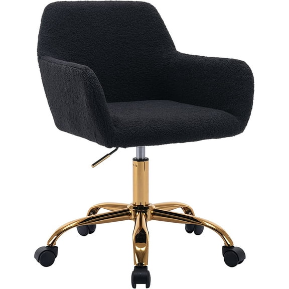 YEXJ Faux Fur Office Desk Chair, Comfy Swivel Armchair with Wheels, Upholstered Fuzzy Vanity Chair, Adjustable Seat Height, Black