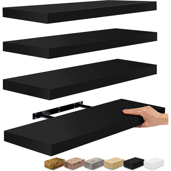 YEXJ Floating Shelves for Wall - 24" Bathroom Shelves, Wall Decor for Bedroom, Kitchen, Living Room, Home Decor & Book Storage - Mounted Floating Shelf with Invisible Brackets (Black, 4 Pack)