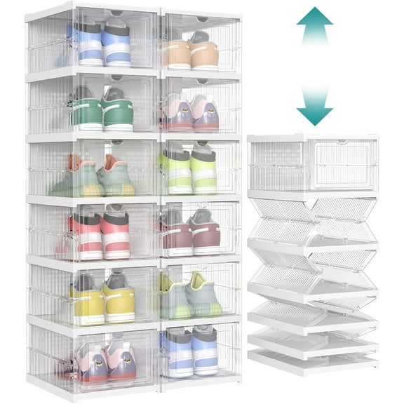 YEXJ Foldable Shoe Boxes, Pack of 12 Stackable Shoe Storage Organizer, Set of 2 Integraed Shoe Cabinets, Portable, Fit up to US size 13, 60s Assembly-Transparent   Cloud White-12 Count Fit Size 13